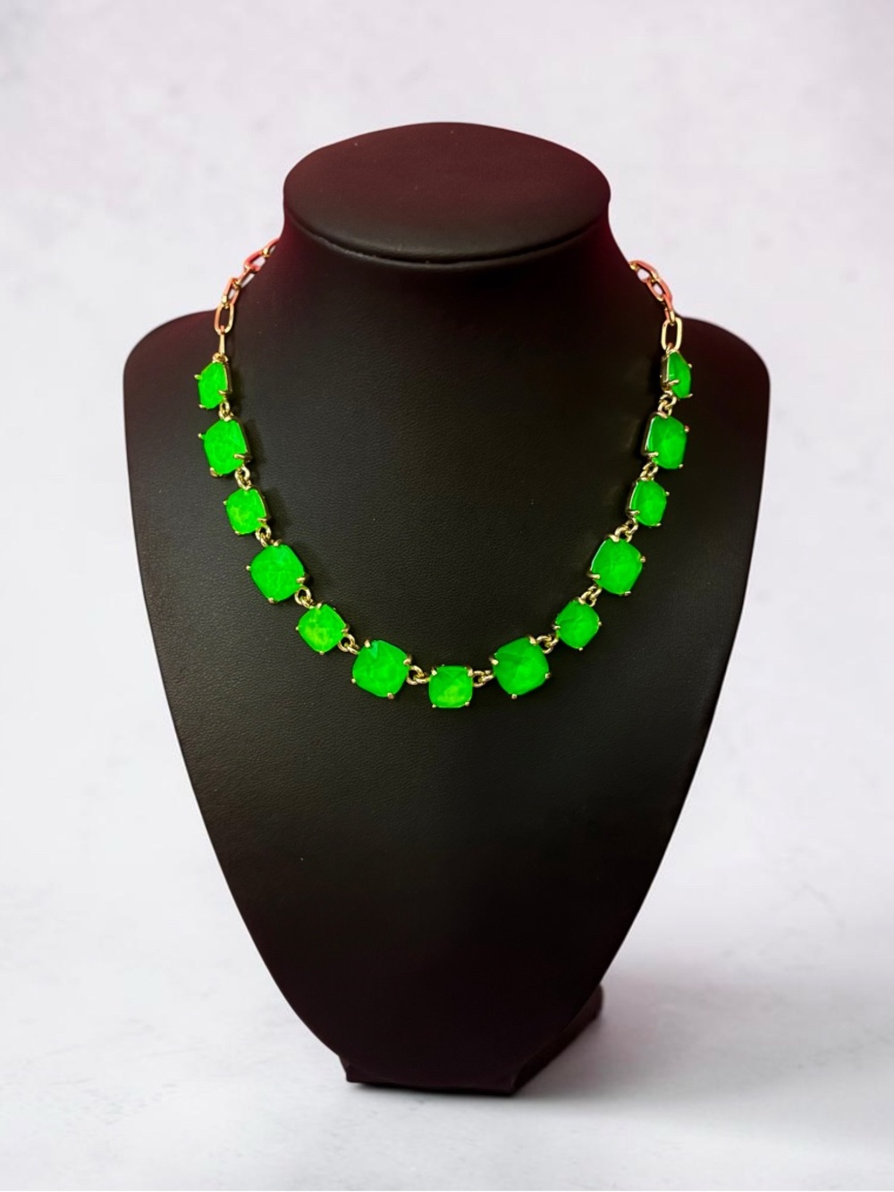 Neon Green Cushion Cut Glass Link Rectangle Necklace